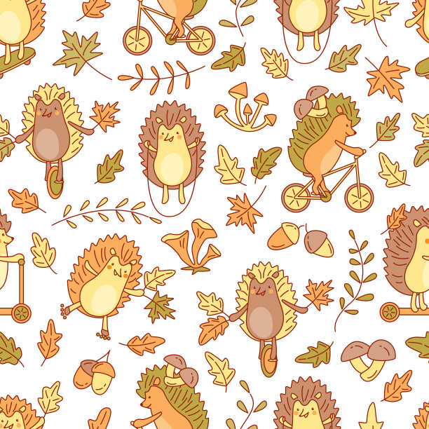 秋天的无缝图案与刺猬在白色图片下载
