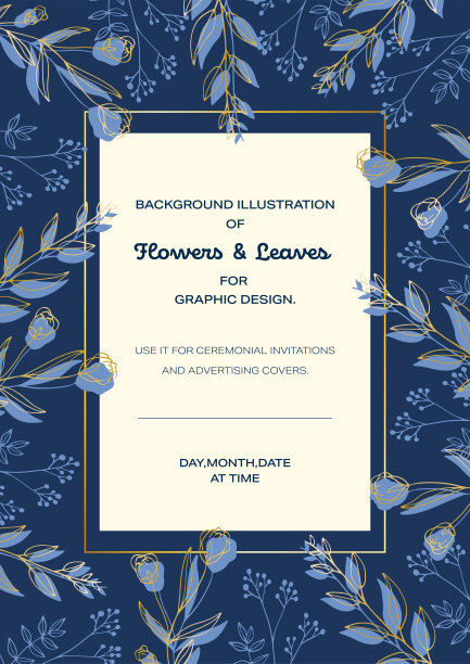 带有植物插图的框架背景。蓝色背景。图片下载