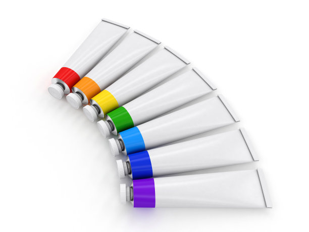 一套彩色管与油漆在白色背景，3d渲染图片下载