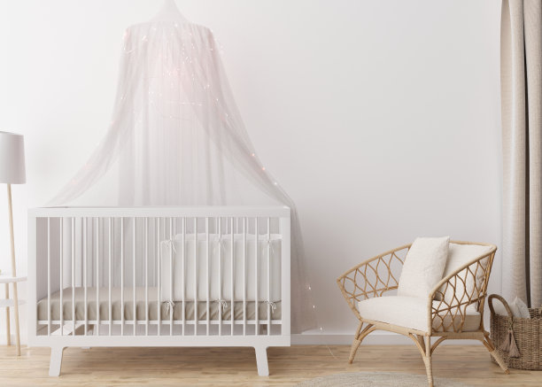 现代儿童房的空白墙。模拟内部在斯堪的纳维亚风格。为您的图片或海报复制空间。床上,藤扶手椅。孩子们舒适的房间。3 d渲染。图片下载