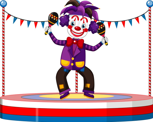 小丑在白色背景的舞台上表演图片下载