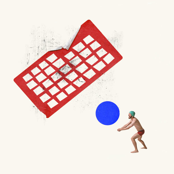 当代艺术拼贴。创意设计。欢快的年轻人在游泳帽打沙滩排球图片下载