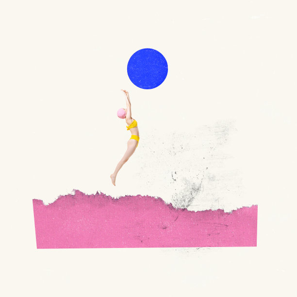 当代艺术拼贴。创意设计。活跃的年轻女子在黄色泳装打沙滩排球图片下载