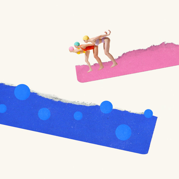 当代艺术拼贴。创意设计。三个穿着五颜六色泳衣的年轻女子准备跳楼。游泳活动图片下载