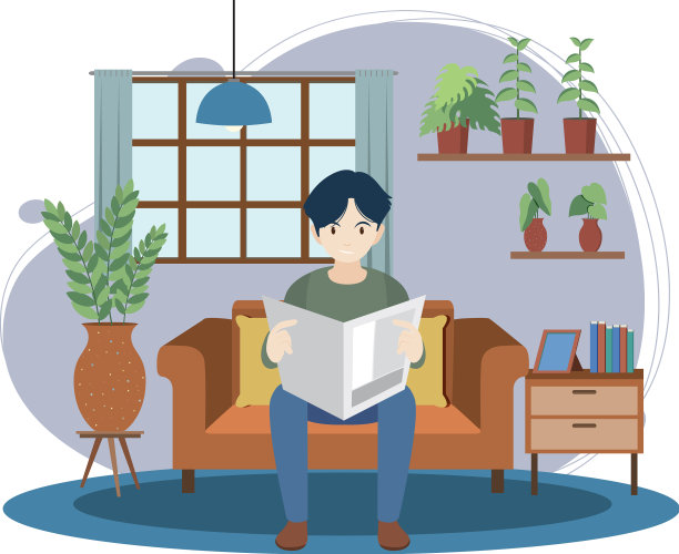 一个人在家里看报纸平面设计图片下载