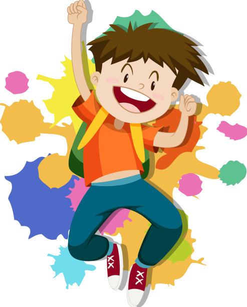 快乐的男孩在五彩缤纷的背景上跳跃图片下载