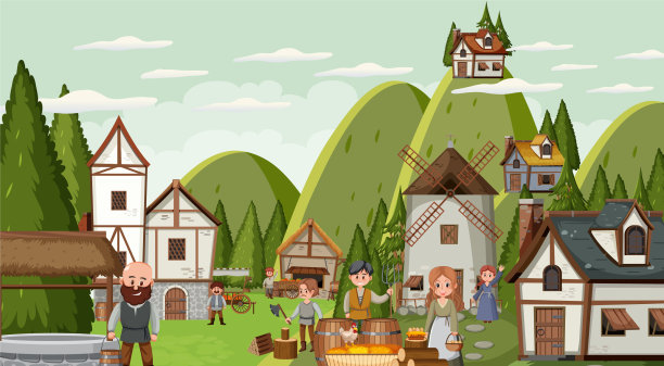 与村民一起的中世纪小镇场景图片下载