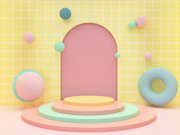 台阶讲台与几何形状和拱形在黄色的背景。用于儿童产品展示的基座。几何的3 d渲染图片下载