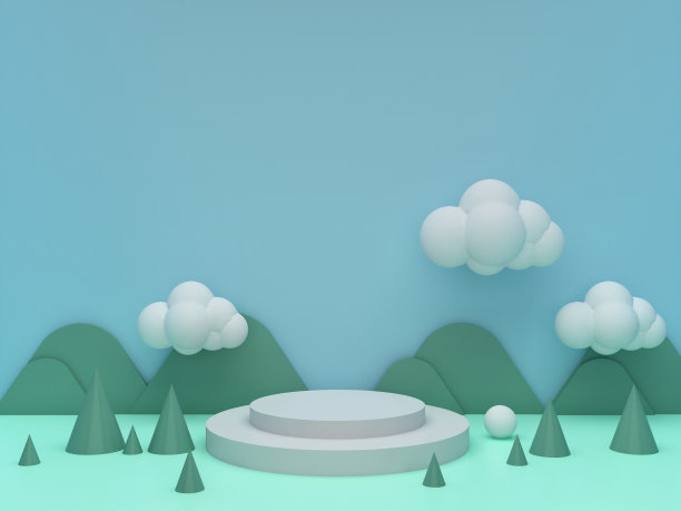 圆形舞台台阶，以自然为主题，柔和的蓝色背景。用于儿童产品展示的基座。几何的3 d渲染图片下载