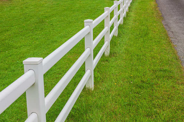 从边境围栏的角度，穿过夏天的绿色草坪图片下载