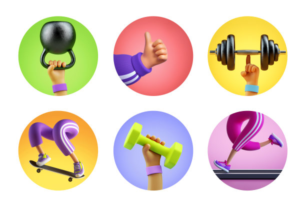 3d渲染，健身博客的组合图标，手腿和运动设备的圆形贴纸，社会帐户设计。抽象的运动圈孤立在白色背景上图片下载