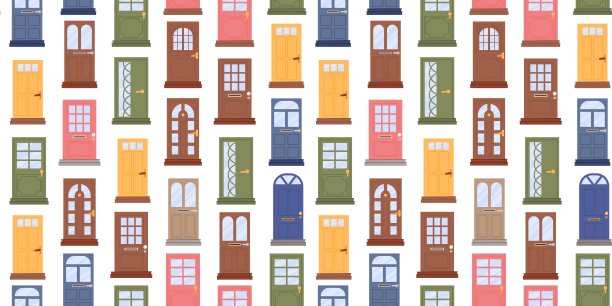 前门的模式。手绘草图房子背景，可爱的家门口，剪影纹理。现代和经典的外观元素。无缝的向量的背景。装饰纺织品或印花图片下载