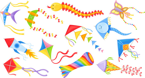 卡通放着五颜六色的各种形状的风筝图片下载