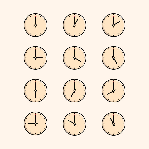 墙壁时钟从1到12点与阴影矢量插图。图片下载