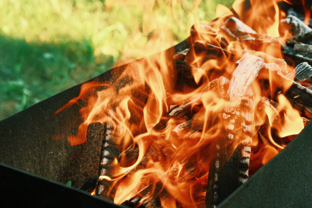 火盆里明亮的火苗在树木的映衬下燃烧着。用干木头做成的烧烤篝火。明亮的黄色篝火图片下载