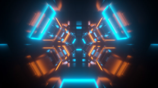 技术隧道与蓝色和橙色霓虹灯发光，飞船走廊- 3D渲染图片下载