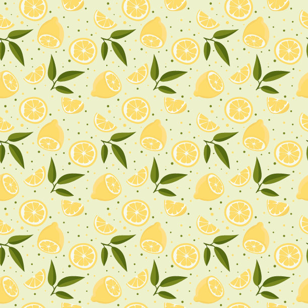 矢量无缝模式与柠檬和树叶。在绿色背景上图片下载
