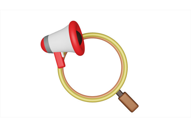 红色和白色的扩音器和放大镜孤立在白色背景。三维渲染图片下载