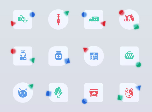 兽医诊所玻璃形态时尚风格图标。兽医诊所透明玻璃彩色矢量图标与彩色数字。用于网页和UI设计，移动应用程序和促销商业广告图片下载