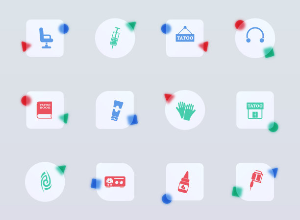 纹身沙龙玻璃形态时尚风格图标。纹身沙龙透明玻璃彩色矢量图标与彩色数字。用于网页和UI设计，移动应用程序和促销商业广告图片下载