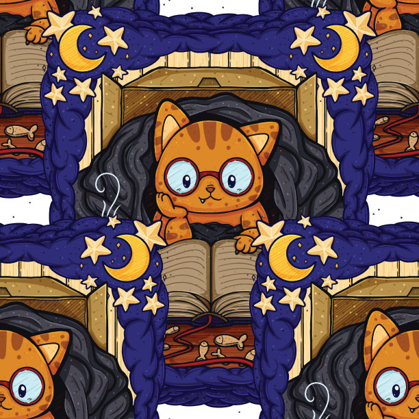 舒适的猫在毯子与书籍插图图片下载