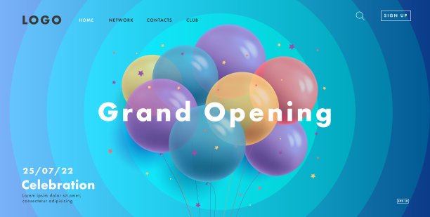 盛大的开放网页横幅与一束圆形透明的气球在蓝色的背景与圆圈，现代风格的着陆页面设计图片下载