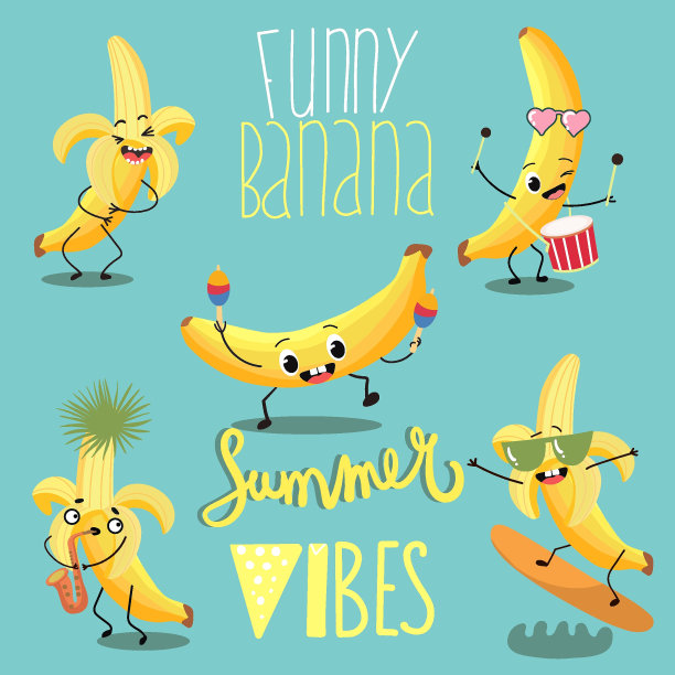 矢量插图集5有趣的疯狂香蕉，卡通人物，与乐器，在冲浪板上，戴着眼镜，字母有趣的香蕉，夏天的氛围，t恤设计，幼稚的概念。图片下载