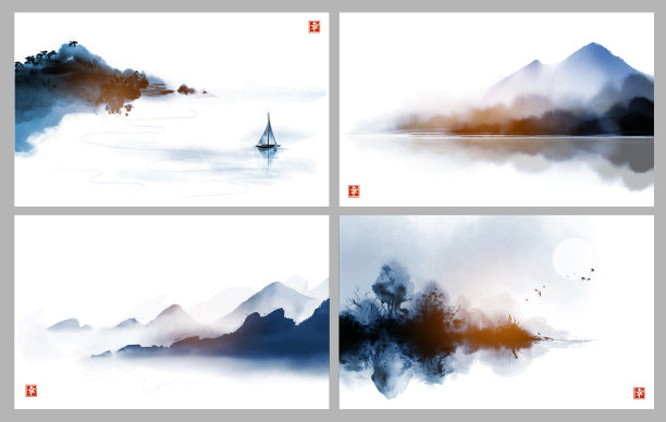 以东方传统水墨画写意，以碧水山林为背景的蓝色风景画。象形文字——幸福图片下载