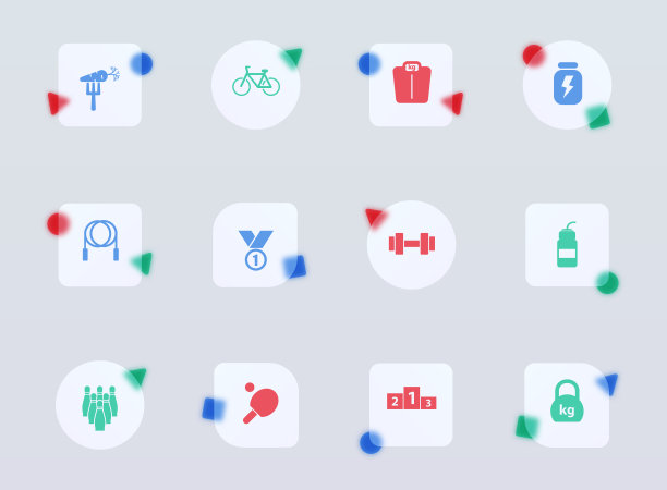 运动玻璃形态时尚风格的图标。运动透明玻璃颜色矢量图标与彩色数字。用于网页和UI设计，移动应用程序和促销商业广告图片下载