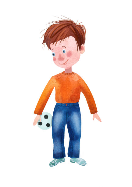 男孩学童与球插图水彩图片下载