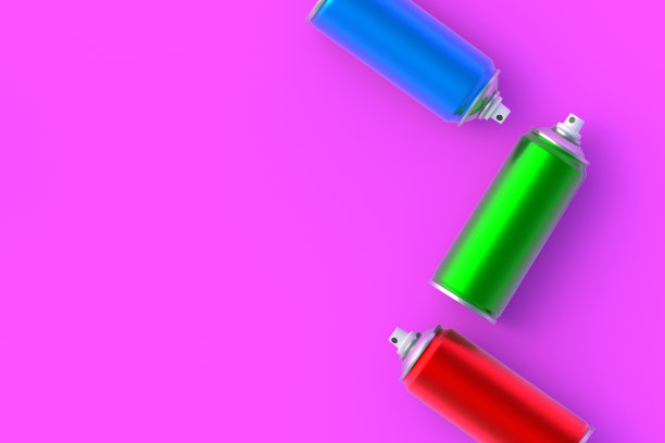 散落的喷漆金属罐。发胶或漆。消毒剂喷雾机。改造设备。气溶胶容器中的气体。街头艺术的工具。前视图。副本的空间。三维渲染图片下载