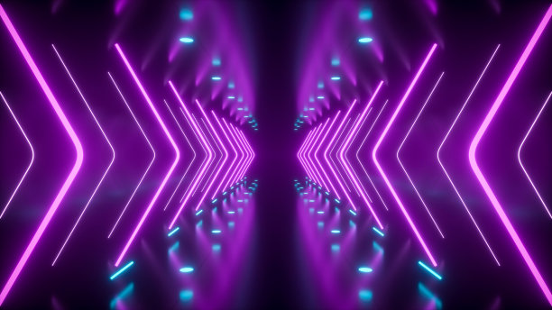 霓虹灯隧道与霓虹灯箭头和蓝色灯，亮粉色的技术走廊- 3D渲染图片下载
