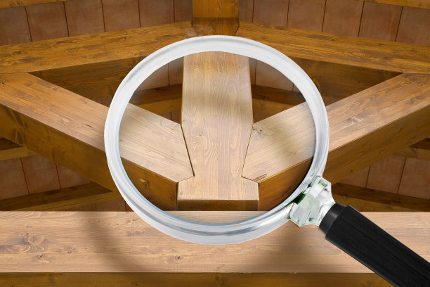 木结构的保养、维护和监督。新的木制桁架结构梁和木制屋顶-通过放大镜看到的概念图片下载