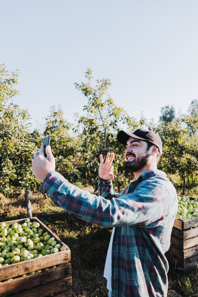一个年轻的拉丁农民在苹果种植园旁进行视频通话。农业的概念。数字生活图片下载