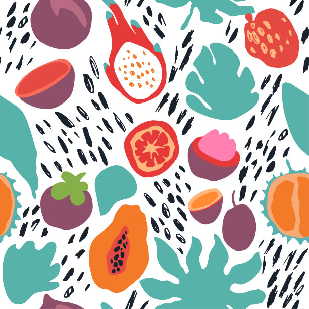 斯堪的纳维亚风格的最小夏季潮流矢量瓷砖无缝图案。奇异果片、植物叶片及抽象元素。纺织面料泳装平面设计印花隔离。图片下载