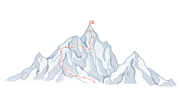 登山路线至山顶红旗顶岩。商业旅程的路径在进行中，成功的方式或目标的概念。矢量多边形点连线样式图片下载