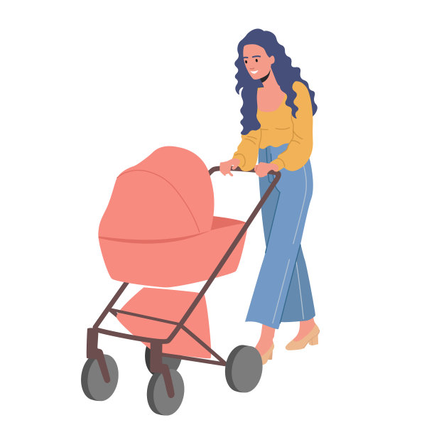 年轻女子步行与马车妈妈和婴儿在图片下载