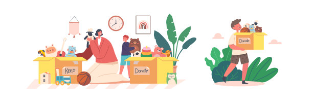 玩具捐赠，人道主义援助孤儿。儿童和志愿者角色与慈善玩具分拣箱图片下载