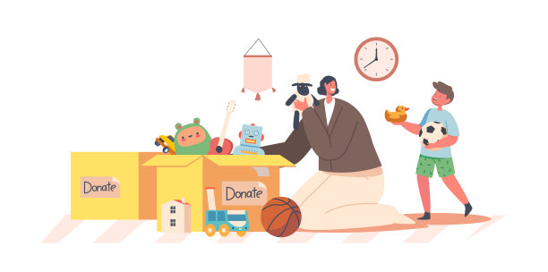 孤儿社会支持、救助概念。男孩和志愿者从捐款箱里拿玩具，做志愿者图片下载
