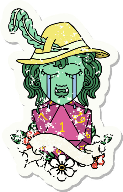 哭泣的兽人吟游诗人性格与一个天然的D20卷垃圾贴纸图片下载