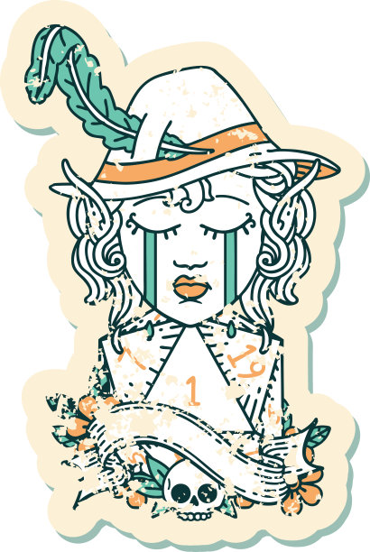 哭泣的精灵吟游诗人角色的脸与自然的一个d20骰子滚动插图图片下载