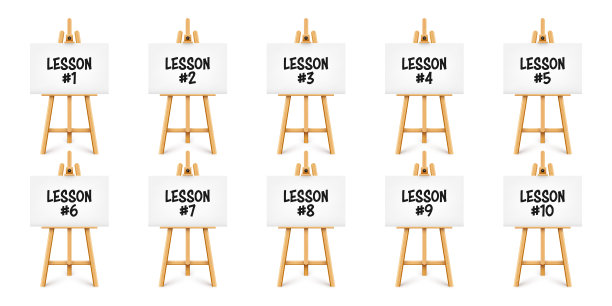 现实油漆书桌与文字在白色画布。木制画架和一张画纸。展示板放在三脚架上。远程教育、在线课程和电子学习。矢量图图片下载