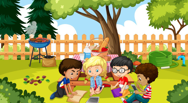 四个孩子在花园里做作业图片下载