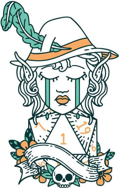 哭泣的精灵吟游诗人角色的脸与自然的一个d20骰子滚动插图图片下载