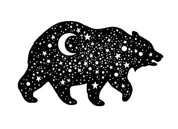 熊星座剪影。占星术天空向量。神秘的冒险图标。魔幻波西米亚幻想t恤设计与宇宙空间星系。北熊超现实的标志。北斗七星波西米亚纹身图片下载
