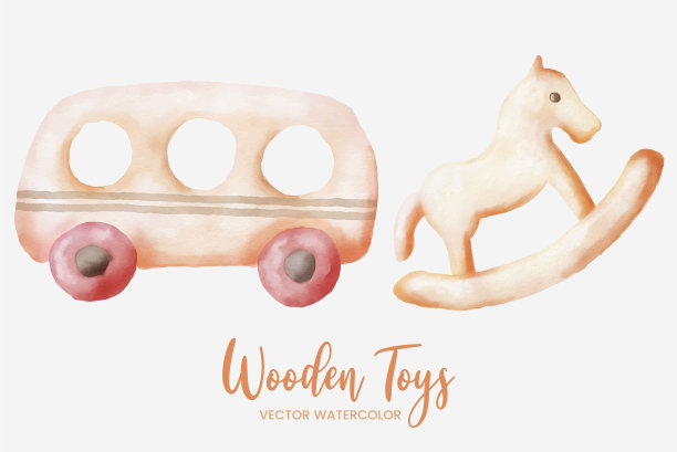 公共汽车和马木制玩具水彩套装图片下载