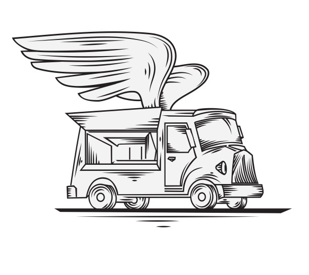 有翼的复古餐车巴士画黑白象形标志图片下载