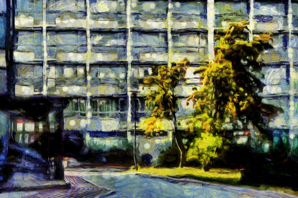 油画——城市风景。现代数字艺术，印象派手法。模仿文森特·梵高的风格图片下载