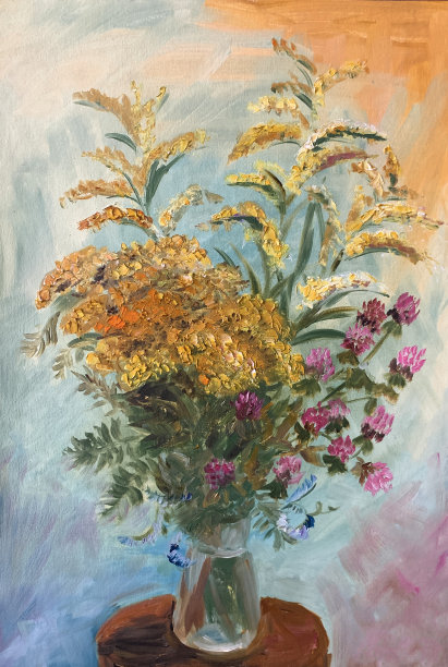 玻璃花瓶里的黄花花束，油画。图片下载