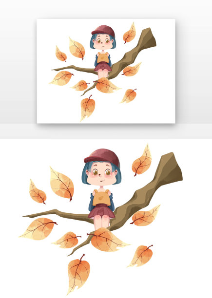 秋天女孩坐在树上玩耍图片下载